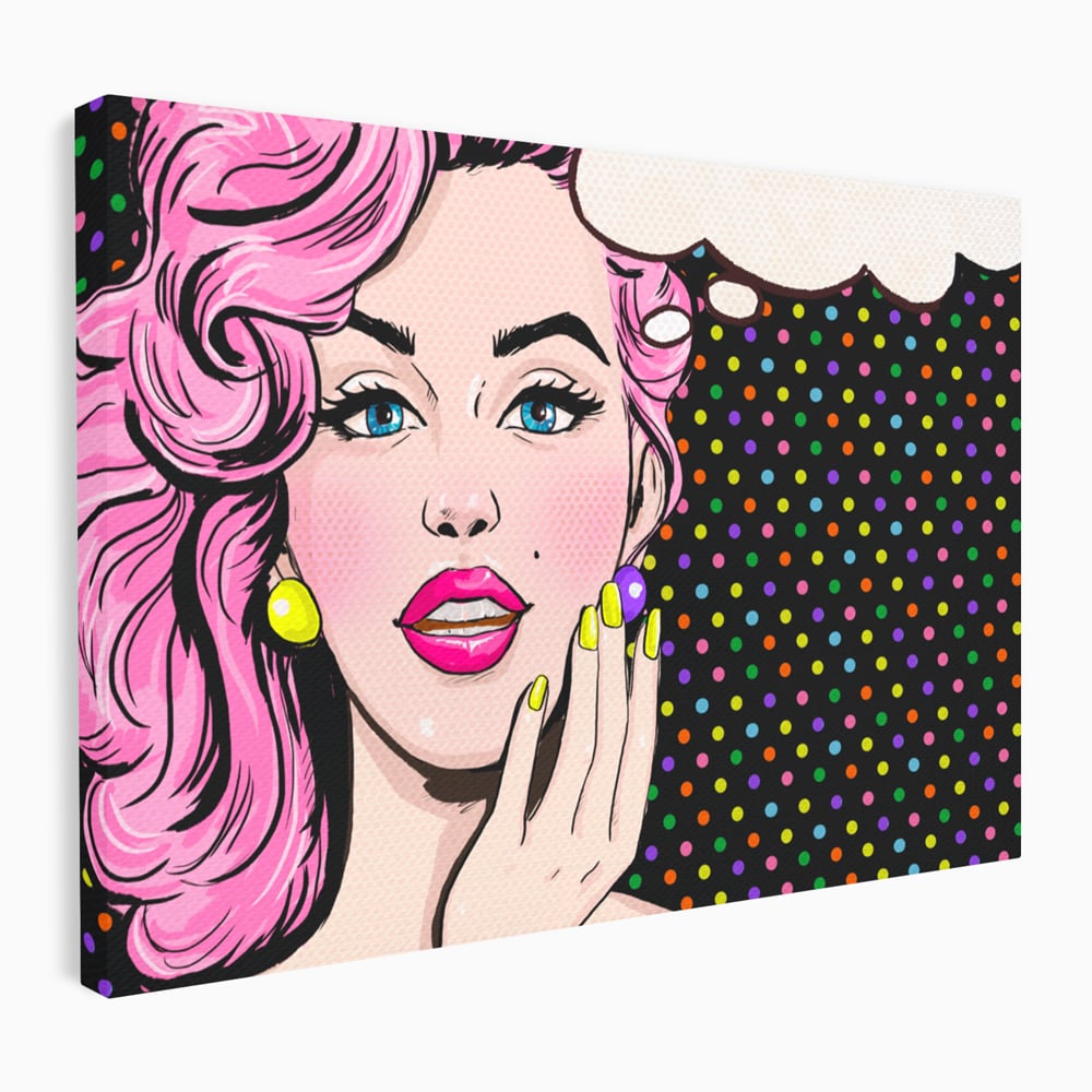 Tablou canvas cu ilustratie pop art cu femeie, fara rama, pe sasiu de lemn